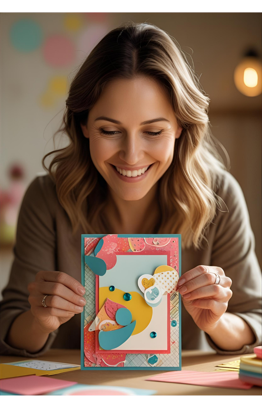 happy woman holding a handmade card