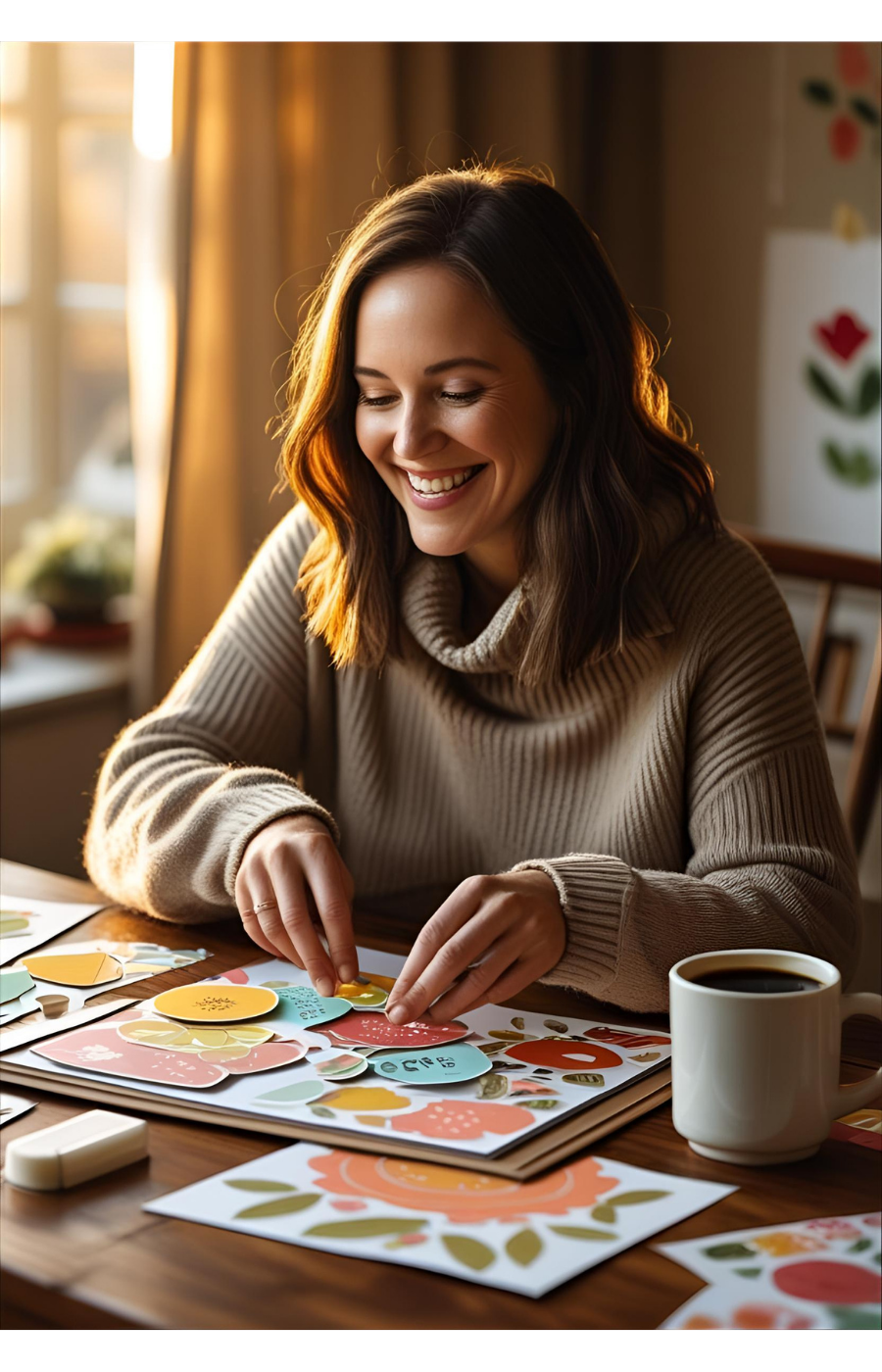 Happy woman paper crafting with a cup of coffee